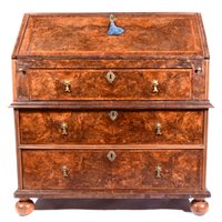 Lot 456 - George II walnut and burr walnut bureau, basically 18th Century.