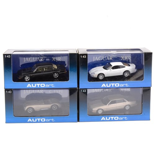 Lot 281 - Autoart 1:43 scale models, 53622 Jaguar XKR Coupe (white), 53601 Jaguar XJR (black), 53503 Jaguar C-Type (bronze), 53573 Jaguar XJ8 (gold), all boxed, (4).