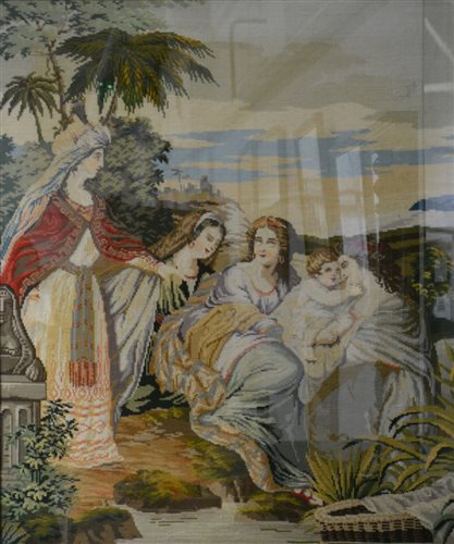 Lot 310 - A large framed needlework tapestry, depicting the discovery of the baby Moses, 96cm x 80cm.