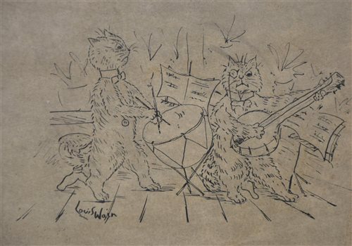 Lot 413 - Manner of Louis William Wain, Cats Punch and Judy show, pen and ink; and another, Cat musicians (2)