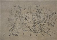 Lot 413 - Manner of Louis William Wain, Cats Punch and Judy show, pen and ink; and another, Cat musicians (2)