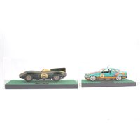 Lot 286 - RAE Models white metal BMW British Touring Car Championship 1992, in display case, and a Jaguar D Type Le Mans 1955 in display case, both approximately 1:24 scale, (2).