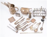 Lot 241 - A collection of silver and silver plate items, including a sauce boat possibly by Jonathan Hayne, London 1822, three fish knives, London 1854, a tankard 11cm tall by Henry Clifford Davis, Birmingha...