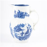 Lot 250 - A Caughley leaf moulded jug, printed Fisherman pattern, circa 1780.