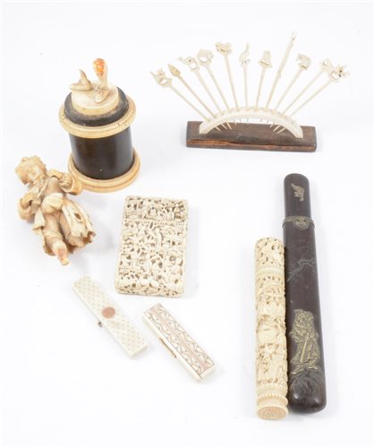 Lot 148 - A collection of ivory items, including Cantonese card case and cylinder; Mechi & Bazin pocket cases, etc