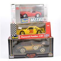 Lot 330 - Revell and Mira 1:24 scale models, including Testarossa Convertible, Alpine B12 5.0 Coupe, Pennzoil Pontiac, Quaker State Thunderbird no.26, and others, all boxed, (16).
