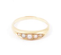 Lot 184 - A seed pearl five stone ring, the pearls graduating in size set in an 18 carat yellow gold half hoop mount, hallmarked Birmingham 1893, ring size N.