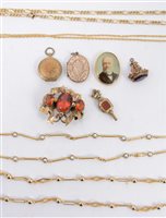 Lot 198 - A collection of Victorian and later metal jewellery, a fob set with an amethyst coloured stone, an ornate watch key