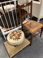 Lot 382 - oak bedroom chair, cane seat, and two Victorian style footstools, (3).