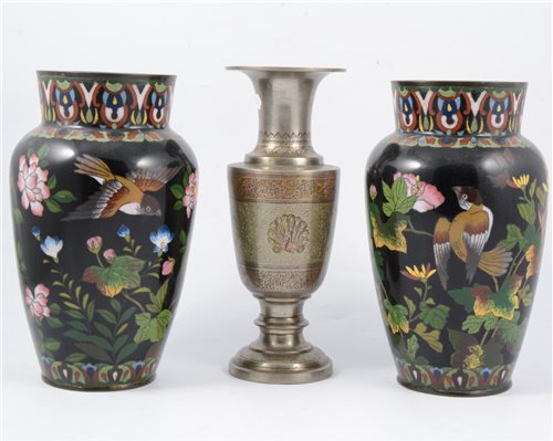 Lot 89 - Indo-Persian white metal vase and a pair of Chinese cloisonné vases, (3)