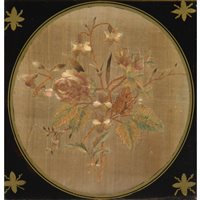 Lot 231 - George III silk embroidered oval panel, dog roses