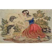 Lot 232 - Victorian Berlin woolwork picture, girl and a spaniel in a garden