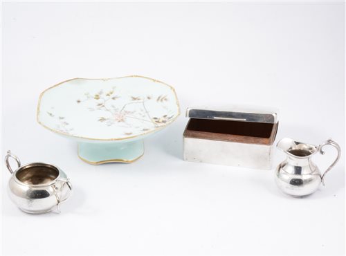 Lot 17 - Three Minton floral plates and pair of matching shallow dishes, continental part dessert service, silver cigarette box (af), two silver-plated toast racks , modern Poole pottery bowl etc.