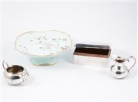 Lot 17 - Three Minton floral plates and pair of matching shallow dishes, continental part dessert service, silver cigarette box (af), two silver-plated toast racks , modern Poole pottery bowl etc.