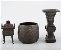 Lot 210 - Chinese archaic style bronze beaker, square tapering form, 16cm, a small censor and bronze bowl, (3).