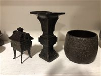 Lot 210 - Chinese archaic style bronze beaker, square tapering form, 16cm, a small censor and bronze bowl, (3).