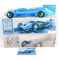 Lot 282 - Shylling Collectors Series 1929 land speed record car Golden Arrow and Sir Malcolm Campbell's official 1933 world record speed car Blue Bird, tin-plate models with original boxes, (2).