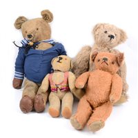 Lot 210 - Four vintage teddy bears, all with jointed limbs, all but one are straw filled, one bear is modern, (4).