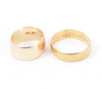 Lot 188 - Two yellow metal wedding bands, one stamped 18ct approximate weight 5gms, one stamped 9ct , 5gms. (2)