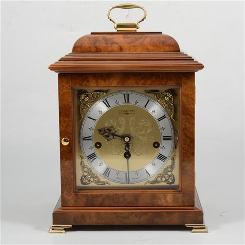 Lot 73 - George II style burr walnut mantel clock, Comitti, London, 21st Century.