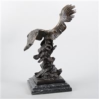 Lot 179 - Late 20th century cast bronze model of an eagle on a rock, bears signature Mene, marble plinth, 36cm.