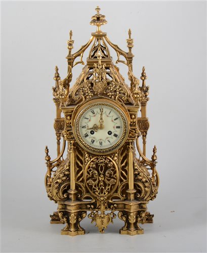 Lot 134 - French cast brass mantel clock, architectural design case, circular dial with Roman numerals, 48cm.