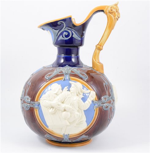 Lot 36 - Large majolica Tavern jug, attributed to Minton, moulded relief figural panels