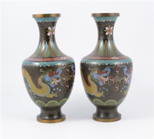 Lot 88 - Pair of cloisonné vases, shouldered form, with dragon design.