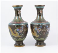 Lot 88 - Pair of cloisonné vases, shouldered form, with dragon design.