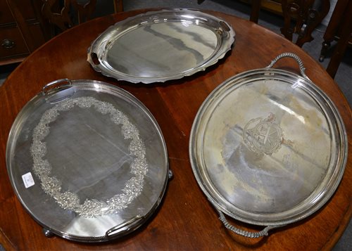 Lot 83 - A large silver plated galleried tray by Mapin and Webb, and two others.
