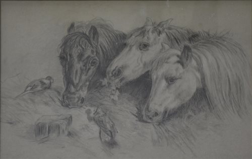 Lot 424 - D Wicks, three horses feeding, pencil study.