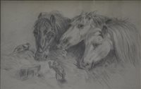 Lot 424 - D Wicks, three horses feeding, pencil study.