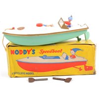 Lot 94 - Sutcliffe tin-plate model Noddy's Speedboat, with Noddy figure, logos and original box.