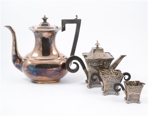 Lot 162 - A Victorian electroplated three-piece teaset and other plated wares.