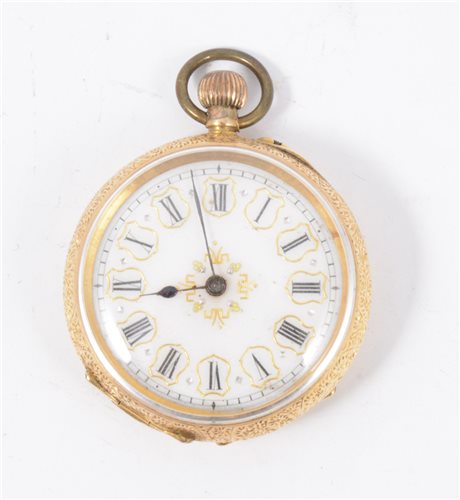 Lot 205 - A yellow metal open face fob watch, white enamel dial with a roman numeral chapter ring in a yellow metal floral engraved case marked 18k, gilded base metal inner case
