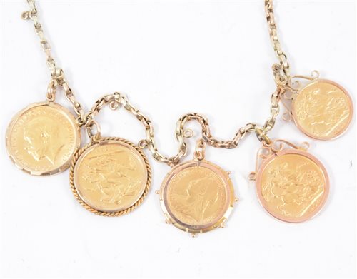 Lot 200 - A gold coin necklace, the belcher link chain 38cm long having the following coins all individually set in 9 carat gold pendant mounts