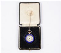 Lot 207 - A silver coloured and blue enamel fob watch, cream arabic dial in a 25mm case decorated with gilt ivy leaves on the back. top wind movement.
