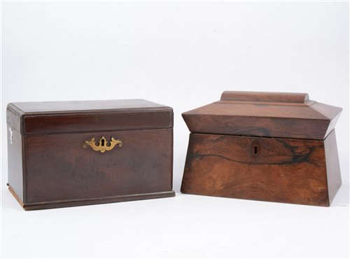 Lot 84 - A Georgian mahogany tea caddy, A Victorian rosewood caddy, and two rosewood barometer cases.