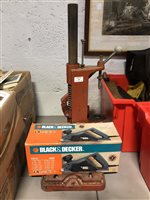 Lot 464 - Bench top pillar drill, a Black and Decker planer, three boxes of hand tools, drill bits, etc