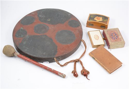 Lot 99 - An Eastern metal gong, Lion Menucator box, and various ethnographic items, etc.