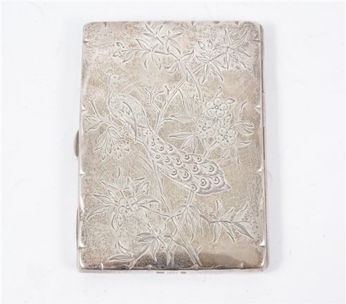 Lot 193 - A Victorian silver card case/note book in the Japanese style engraved with peacock, frog and flowers, D & M Birmingham 1878