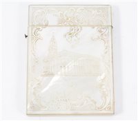 Lot 283 - Mother of pearl card case engraved with the Royal Exchange Building, red velvet lined, 10cm x 7.5cm.