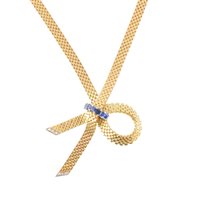 Lot 186 - An 18 carat yellow gold necklace, 5mm wide 5 row brick construction with crossover ribbon motif set with a bar of seven square cut sapphires