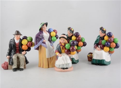 Lot 58 - A collection of mainly Royal Doulton balloon figures, including 'The Old Balloon Seller' HN1315 , 'Balloon Lady' HN2935 and 'Balloon Girl' HN2818, and a 'Thank You Snowman' figure, boxed. (6)