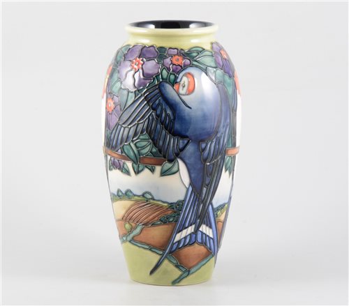 Lot 30 - A Moorcroft 'Swallows' vase, 25cm, designed by Rachel Bishop, signed in blue WM, 294/500, date marked 1998, impressed Moorcroft Made in England.