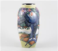 Lot 30 - A Moorcroft 'Swallows' vase, 25cm, designed by Rachel Bishop, signed in blue WM, 294/500, date marked 1998, impressed Moorcroft Made in England.