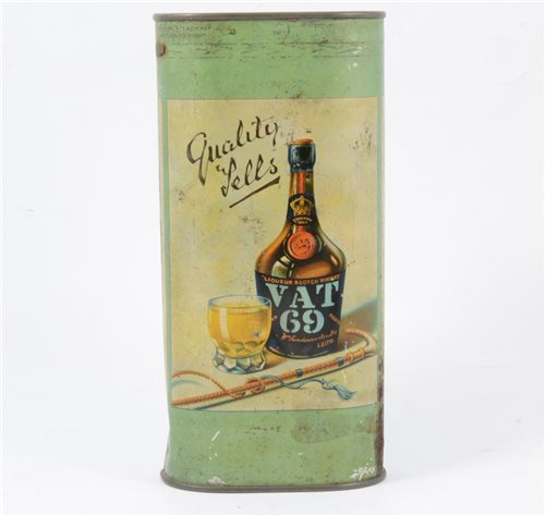 Lot 123 - Vat 69 liqueur Scotch whisky in original War Office Times and Naval Review tin, possibly 1930s.