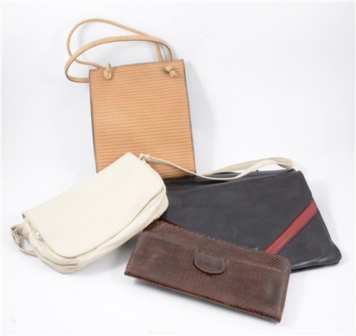 Lot 171 - A collection of vintage handbags, a white patent "Waldybag" in original box, an Ackery tan leather bag, various clutch bags, a Tula leather bag.
