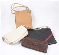 Lot 171 - A collection of vintage handbags, a white patent "Waldybag" in original box, an Ackery tan leather bag, various clutch bags, a Tula leather bag.
