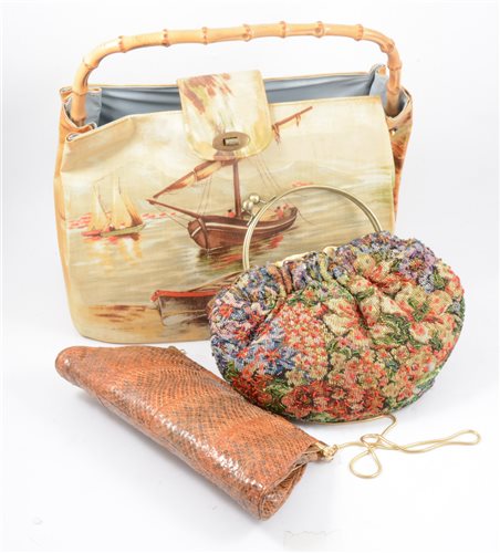 Lot 168 - A collection of vintage handbags, including red leather bag by Bueno with matching gloves, large printed plastic bag depicting old-style sailing boats with bamboo-effect handle, sequined etc. (11)